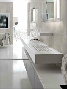modern bathroom with linear sink and design faucet