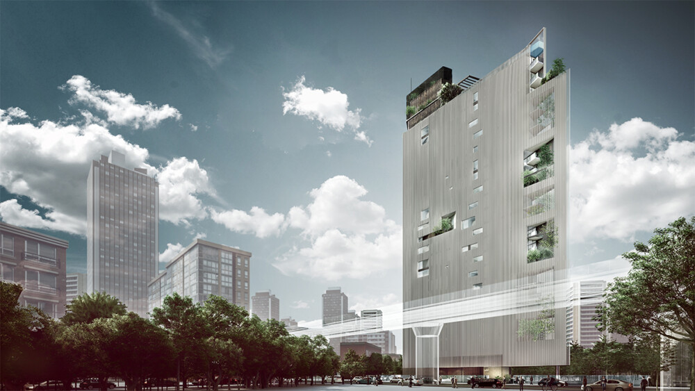 complesso residenziale a bangkok torre abitativa con affiacci verdi dalla forma triangolare